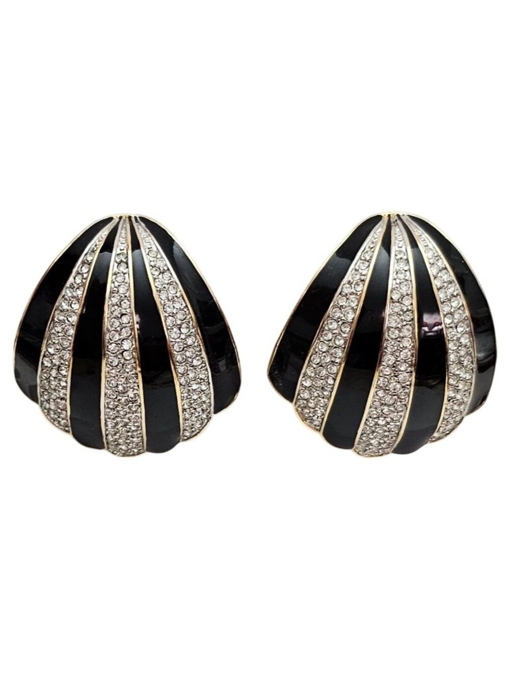 Guy Laroche Black Enamel Clear Rhinestone Clip-On Clam Shell, Fan Earrings J817
